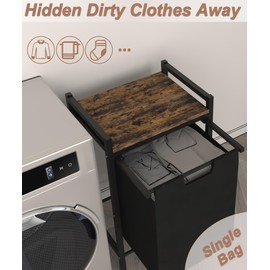 Waaliji 14.5 Gal Large Laundry Hamper with Wheels, Pull-Out & Removable Sorter Bags, Freestanding Clothes Basket Organizer for Clothing or Toys in Bathroom and Living Room, Rustic Brown and Black