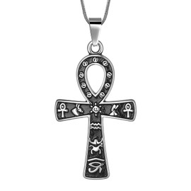 Hipunk Ankh Cross Pendant Necklace - Stainless Steel Key of Life Amulet Ankh Eye of Horus Pendant Necklace Egyptian Religious Jewelry for Men Women SP0187G