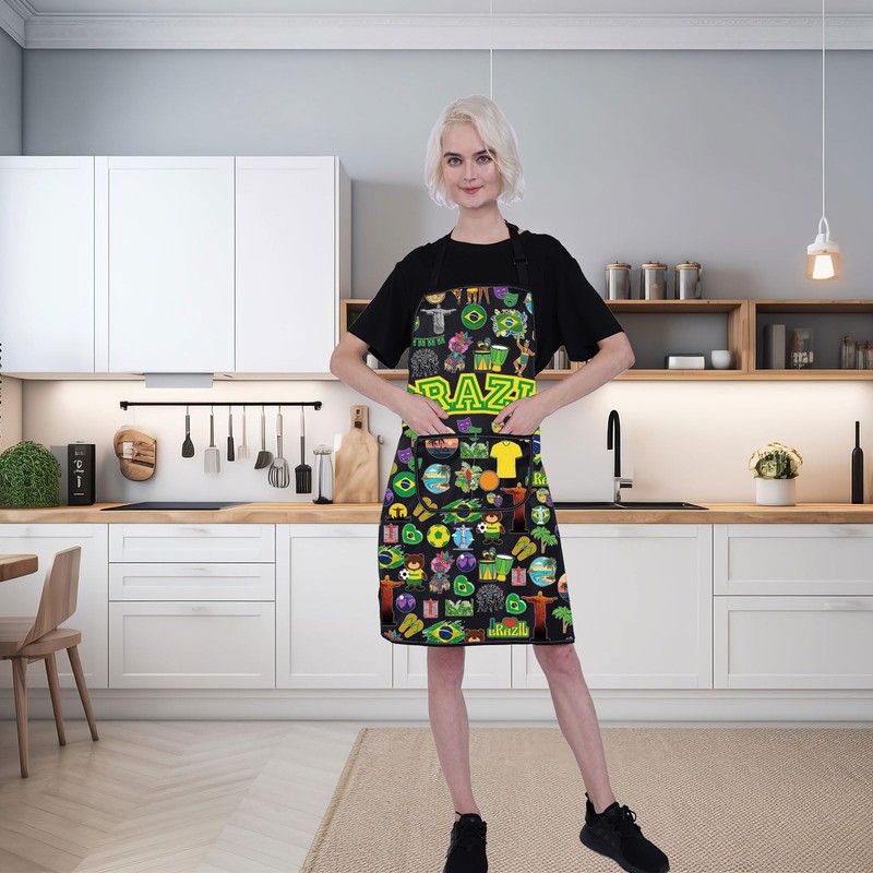 FUSTMW Brazil Apron with Pockets for Chef Kitchen Apron Gifts