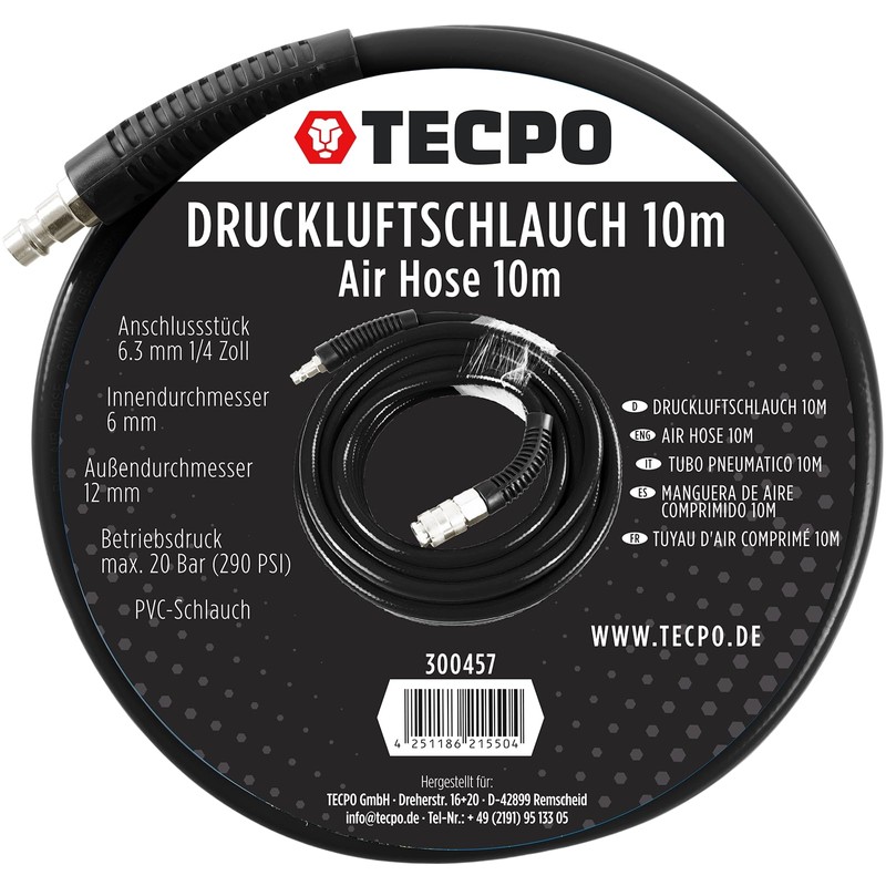 TECPO Compressed Air Hose 10 m + Tyre Inflator 0-12