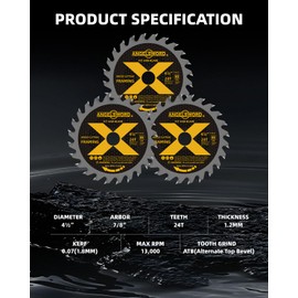 ANGELSWORD 4-1/2 Inch Circular Saw Blade Used on Angle Grinder for Ultra-Nice Wood Cutting, 24T, 3 Pack, 7/8" Arbor with 3/8"&5/8" Bushing