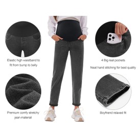 POSHGLAM Women's Maternity Jeans Over Belly Comfy Stretch Boyfriend Jeans Loose Pregnancy Pants(Washed Black, Large)