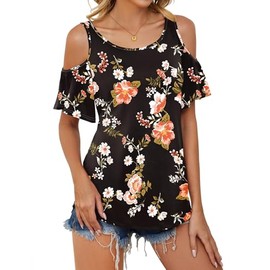 Micoson Women Cold Shoulder Blouse Classic Short Sleeve Shirts Women's Spring Round Neck Tunic Soft Date Night Wear Black Floral M