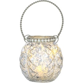Cultural Intrigue Luna Bazaar Hanging Mercury Glass Candle Holder with Rhinestones (2.5-Inch, Aria Design, Silver) - for Use with Tea Lights - for Home Decor, Parties, and Wedding Decorations