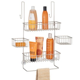 mDesign Steel Over The Door Shower Caddy - Hanging Shower Organizer Rack w/ 4 Baskets, 2 Hooks - in-Shower Hanging Caddy for Bathroom - Over Door Shower Caddy Hanger - Klypon Collection - Matte Satin