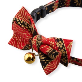 Gilded Gold Bow Tie Cat Collar (Red) with Bell Safety Breakaway Soft Lightweight for Cats Kitty Kitten Japanese Stylish Pattern, No.1 Seller in Japan