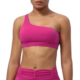 FEOYA Workout One Shoulder Sports Bra for Women Asymmetrical Sleeveless Yoga Spaghetti Strap Running Bra Sporty Tank Top Rose Red