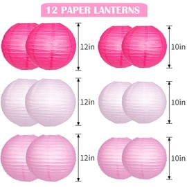 YUNXUAN Paper Lanterns Decorative, Pink Hanging Paper Lanterns with Lights for Engagement Bachelorette Birthday Party 12 LED Light Round Chinese Lanterns 12" 10" Pack of 12