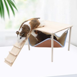 Guinea Pig Hammock with Platform and Climbing Ramp, Wooden Guinea Pig Hideout with Cool Mat Hammock, Guinea Pig House with Stairs, Guinea Pig Bed, Cage Accessories for Chinchilla Rat Hamster Bunny