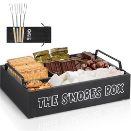 S'Mores Station with Handles, Wooden S'Mores Caddy Bar Holder with 4 Roasting Sticks, Farmhouse Smores Tray for Smores Kit for Fire Pit, Smores Maker Tabletop Indoor Kit for S'Mores Kit