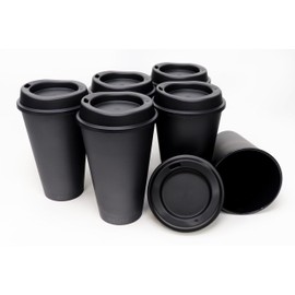 Rolling Sands USA Made 16 oz Reusable Coffee Cups with Lids 6 Pk, To Go Travel Cups, Hot or Cold Drinks, Dishwasher and Microwave Safe, Black