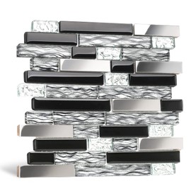 Blujellyfish Glass Metal Tiles Art Mosaic Silk Black Crystal Glass Chrome Silver Steel Accent Wall Border Kitchen Bath Backsplash Tile TSTNB12 (5 Square Feet)