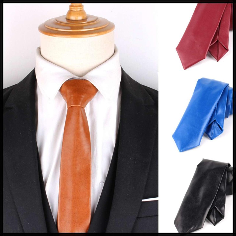 White Fang NC099 Men's Leather Necktie, Solid Color, Business, Elegant,