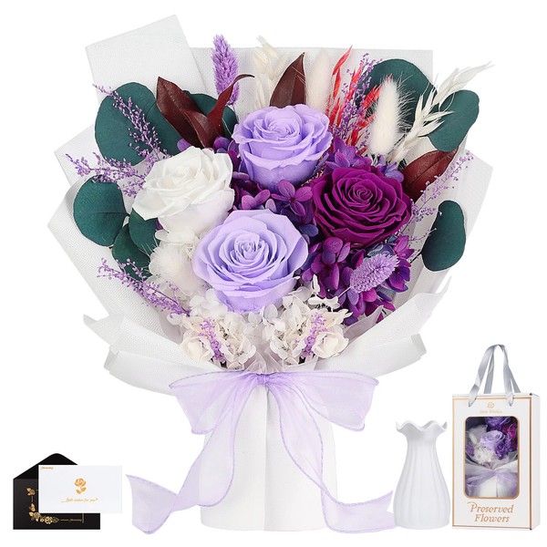 MAMAMIKO Roses Bouquet with Vase,Forever Bouquet Flowers, Eternal Preserved Real