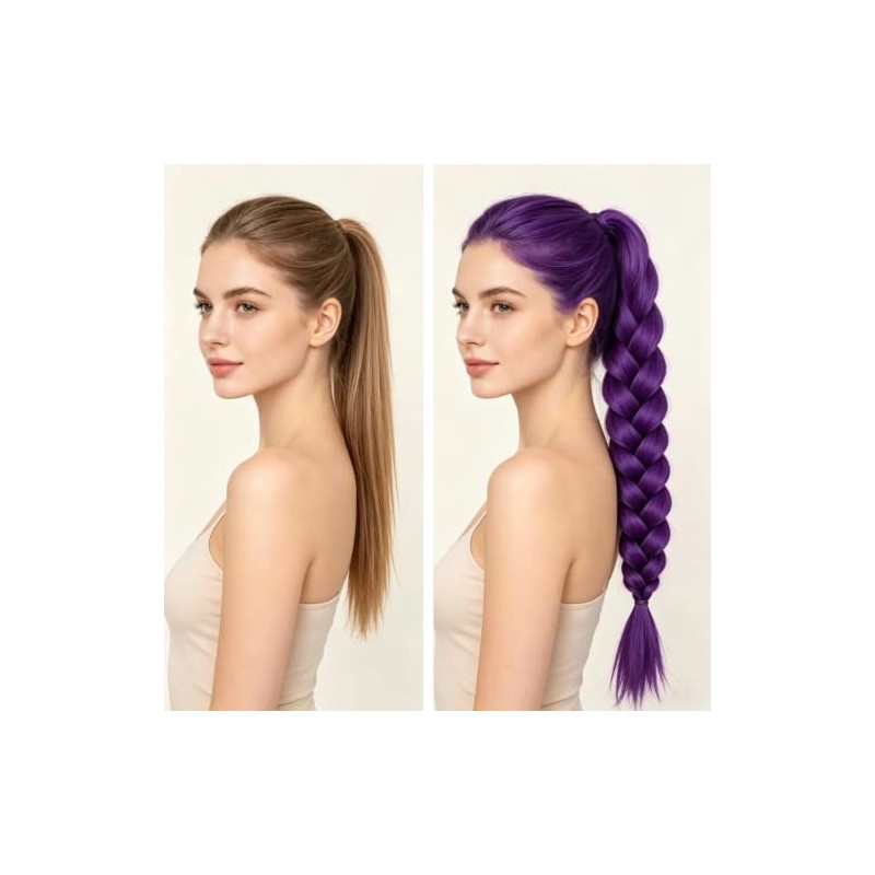 Purple Braided Ponytail Hair Extension, Claw Clip in Synthetic Braid