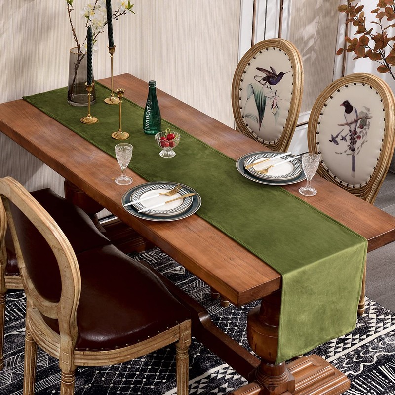 SEASHORE TREE Olive Table Runner Velvet Machine Washable Kitchen Dining