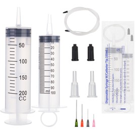 Aotfusd Pack of 2 Syringe 100 + 200 ml, Syringe with Hose and Blunt Needles, Oil Syringe, Dosing Syringe, Measuring Liquids, Plant Watering, Animal Feeding, Scientific Laboratories (160, g)