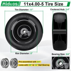 2Pcs 11x4.00-5 Lawn Mower Tires Flat Free, Upgraded 11x4-5 Zero Turn Mowers Front Tires With 3/4" 5/8" 1/2" Ball Bearings, 3.4"-5.6" Centered Hub, Smooth Solid Mower Wheel For Residential & Commercial