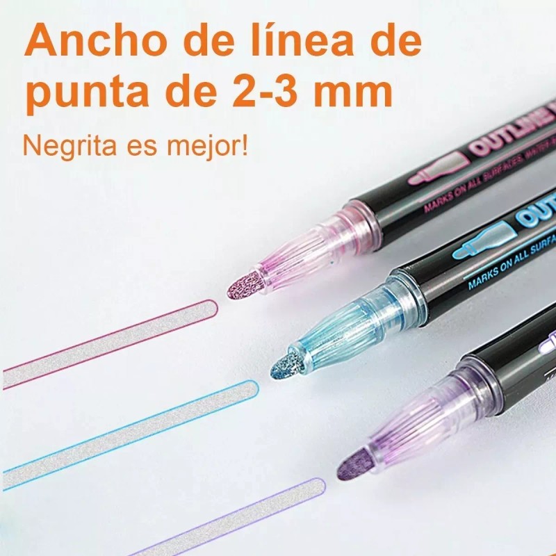 KFMX Plumones De Contorno Metálicos Doble Linea 12 Colores