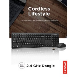 Lenovo 100 Wireless Keyboard and Mouse Combo – Cordless Set with Spill Resistant Quiet Keys – 3-Zone Keyboard - Ambidextrous Mouse – Compact Design – Wireless USB -Black