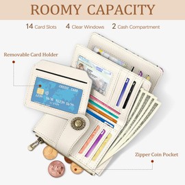 Icycay Black Cat Small Wallet Women RFID Blocking Bifold, Cute Credit Card Holder, Zipper Coin Pocket, PU Leather, Compact, Travel, 4 ID Window, 14 Card Slots, Cash Purse, Ladies Woman Female Girls