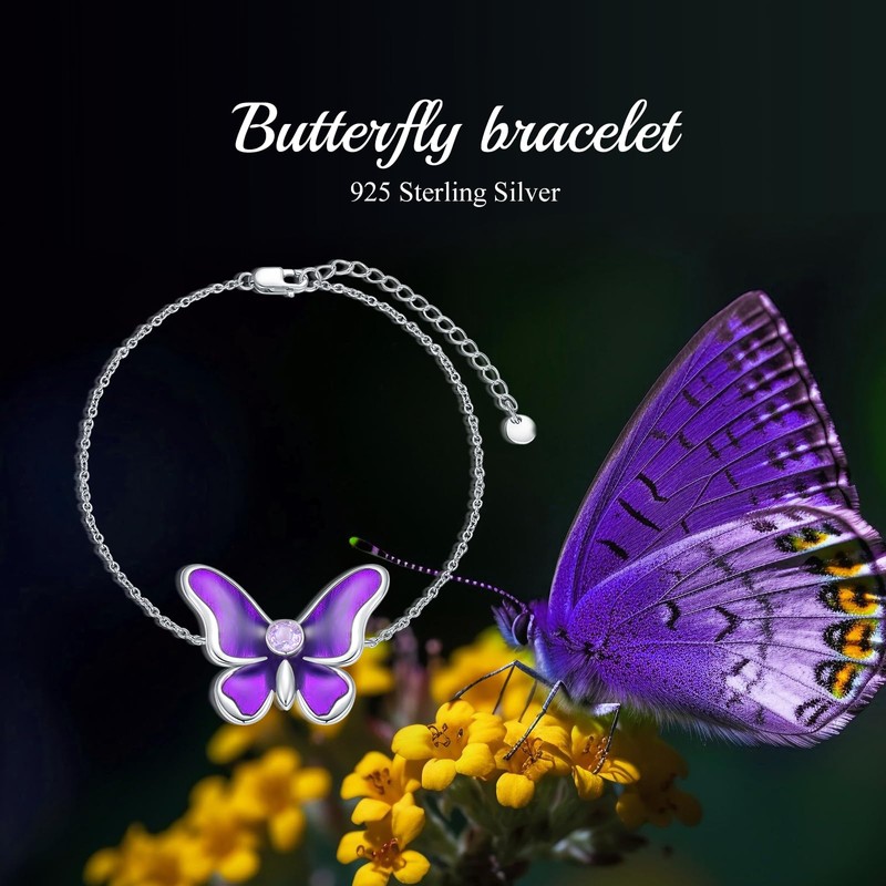 Lvoryance Purple Butterfly Link Bracelet with Created Amethyst 925 Sterling