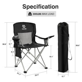 Elevon Folding Camping Chairs, Portable Outdoor Beach Chair for Adults with Carry Bag & Cup Holder, Foldable Lawn Chair with Mesh Backrest for Camp Fishing Hiking Travel Picnic Sports, Black