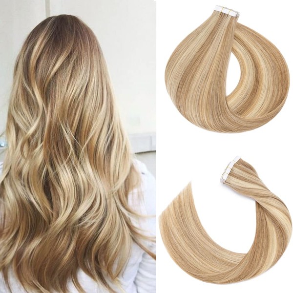 Rich Choices Tape in Hair Extensions Human Hair 40pcs 100g Balayage Golden Brown Highlighted Bleach Blonde 100% Remy Hair Extensions Real Human Hair Seamless Straight Tape in Hair of 18 inch #12P613