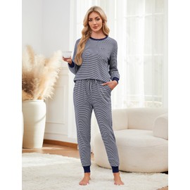 Namatime Women's Long Cotton Two-Piece Pyjamas Striped Sleepwear with Pockets, navy, M