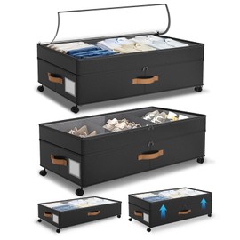 Megapuxin Under Bed Storage with Wheels, 72L XXL Large Underbed Storage Containers, 11 inches Height Under Bed Shoe Bins with Clear Lids, Rolling for Shoes, Clothes, Blankets, 2 Packs Black
