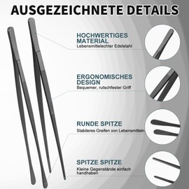 Pesutei Cooking Tweezers Set of 4 Stainless Steel Kitchen Tweezers 25/30 cm Long for Cooking, Roasting, BBQ and Seafood Kitchen Tongs