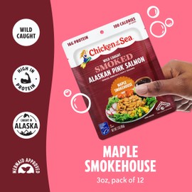 Chicken of the Sea Smoked Alaskan Pink Salmon, 3 oz. Packets (Box of 12), Wild Caught Salmon, Maple Smokehouse
