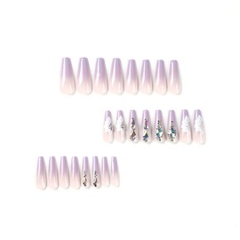 24pcs Light Purple False Nails Long Coffin Shaped Ballet Fake Nails with Rhinestone Flower Pattern Design French Fake Nails for Women and Girls Nail Tips
