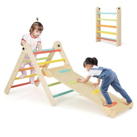 HONEY JOY Climbing Toys for Toddlers, 4 in 1 Foldable Wooden Montessori Kids Triangle Climber, Double Side Ramp & Climber, Baby Learning Indoor Climbing Ladder Gym for Boys Girls (Colorful)