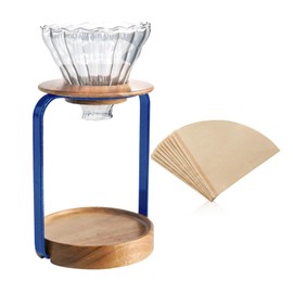 SOTECH Pour Over Coffee Maker Set with Black Gooseneck Kettle Wooden Filter Holder Coffee Dripper Glass Server with Paper Coffee Filters,DIY Manual Coffee Maker Set (Maker Stand Blue)