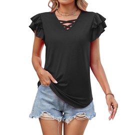Famulily Womens Tunic Tops Ruffle Cap Sleeve V-Neck Blouse Ladies Summer Work Wear Office Black L