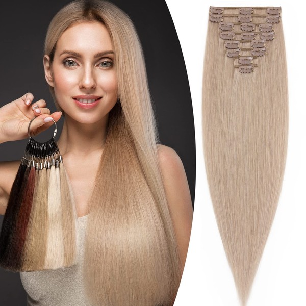 Silk-co Clip-In Real Hair Extensions, 8 Pieces, Champagne Blonde, Hair Extensions, Clip-In Extensions, Real Hair, Remy Clip-In Hair Extensions, 65 g, 022# Champagne Blonde, 40 cm