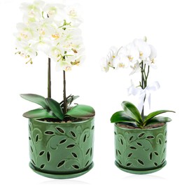 BUYMAX Set of 2 Orchid Pots with Holes & Saucers for Orchid Root Health, 5 inch&6 inch Ceramic Pots for Plants (Patina)