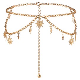 Gold Waist Chain,Double Layer Women Gold Chain Belt,Adjustable Waist Chain Gold,Gold Belt Chain with Sun Stars and Moon,Fashion Skinny Waistband for Dresses and Jeans (Gold)