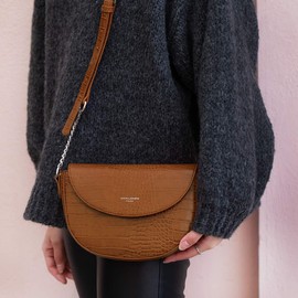 David Jones - Damen Kleine Krokodil Umhängetasche - Frauen Schultertasche PU Leder Halbe Runde Halbmond - Messenger Crossbody Bag Pochette Clutch Citytasche Abendtasche Mode Elegante - Cognac Braun