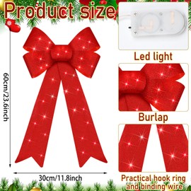 2 Pcs Christmas LED Wreath Bow Large 24 x 12 Inch Xmas Lighted Bows Wreath LED Lights Christmas Tree Topper Bows Winter Wall Decor for Holiday Indoor Outdoor Home Xmas Decoration (Red)