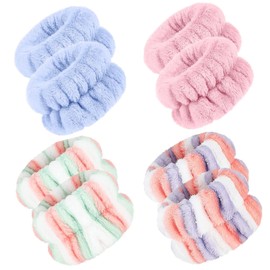 4 Pairs Wrist Bands for Washing Face Wristbands Water Absorbent Quick Dry Elastic Fluffy Soft Wrist Sweatband Microfiber Wash Bands BEIHOO (Blue+Pink+Mixed Green+Mixed Purple)