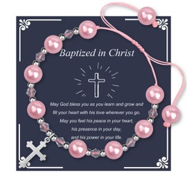 JoycuFF Baptism Gifts, Confirmation Christian Religious Gifts Cross Bracelet Pink Beads Jewelry for 8-12 6-8 Years Old Gift Ideas