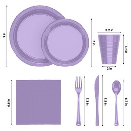 350 Pcs Lavender Plastic Plates For Party, Lavender Disposable Plates Set, 50 Of Each 9" Dinner Plate Set, 7" Dessert Plate, Cups, Napkins & Cutlery Plastic Dinnerware Party Solids