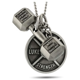 Shields of Strength Women's Weight Plate and Dumbbell Pendant Combo Necklace Philippians 4:13 & Luke 1:37 Bible Verses Weightlifters Christian Jewelry