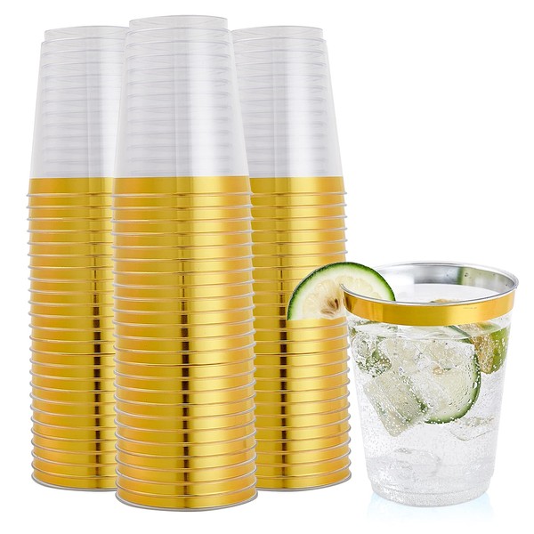 FOCUSLINE 100 Pack Gold Rimmed Plastic Cups 10 oz Clear Plastic Cups Tumblers, Fancy Disposable Hard Plastic Cups with Gold Rim for Wedding Cups Elegant Party Cups