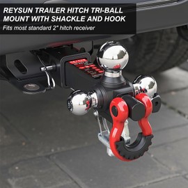REYSUN Trailer Hitch Tri-Ball Mount: with Swivel Tow Shackle and Tow Hook, fits for 2-inch Receiver, Chrome Trailer Ball Size 1-7/8", 2" and 2-5/16" and 5/8" Hitch Lock Pin