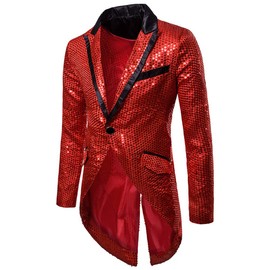 Mens Sequin Tailcoat Swallowtail Suit Jacket Party Show Tux Dress Coat,Red,Large