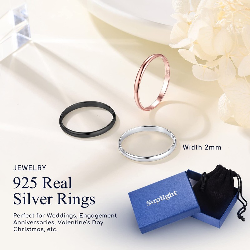 Suplight Black Ring Sterling Silver Stackable Wedding Bands Womens Dainty