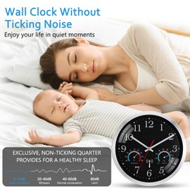 Ziprote Radio-Controlled Wall Clock, Radio-Controlled Wall Clock with Temperature Display and Humidity, Modern Kitchen Clock, Easy to Read, Wall Clock Without Ticking Noises for Bedroom, Office,